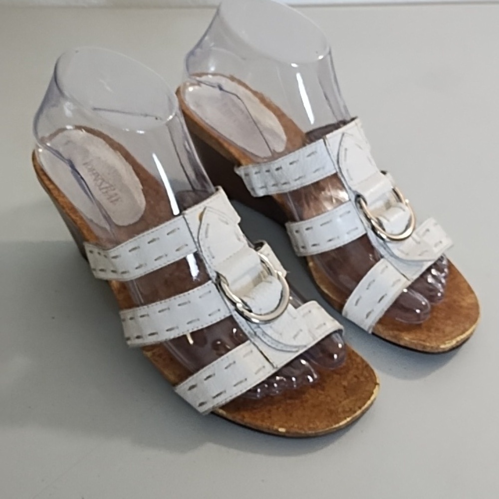 White Wedge Sandals with Leather Straps Stitching Cork Soles